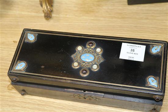 An ebonised mother of pearl and stone glove box width 26cm depth 10cm